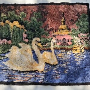 Vintage Antique Handmade Colorful Swan Tapestry